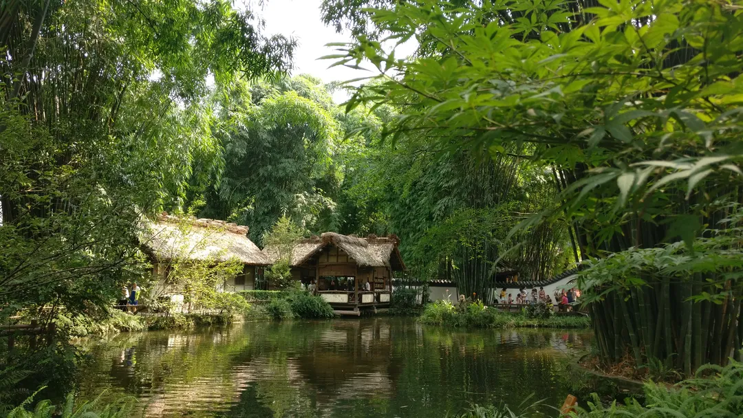 Thatched pavilions over a quiet pond at Du Fu's Thatched Cottage, Chengdu