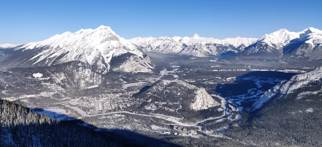 Banff townsite from above, wrapped in snow