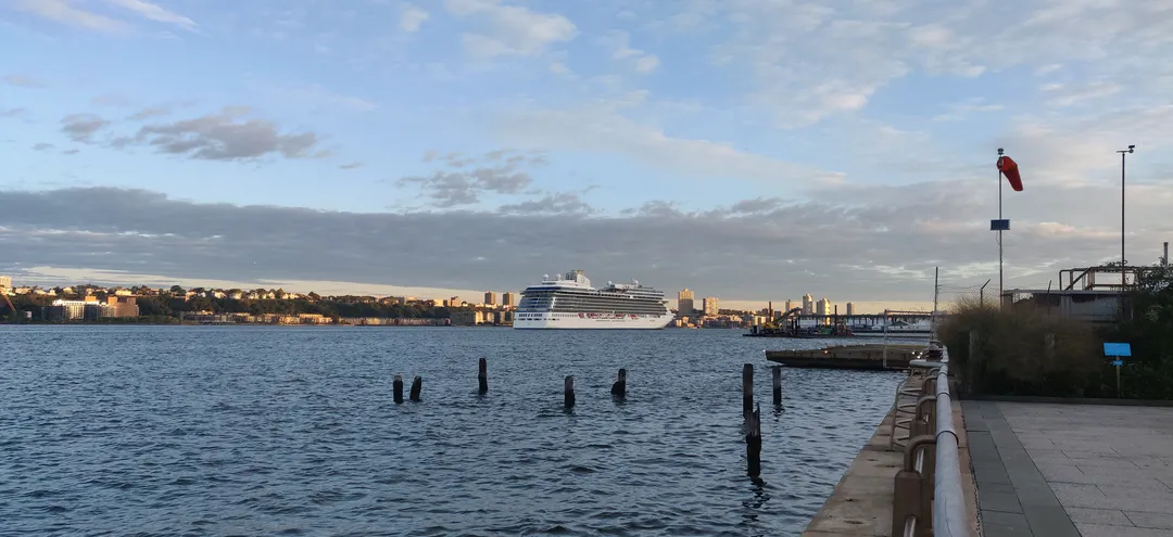 A cruise ship slips up the Hudson at dawn